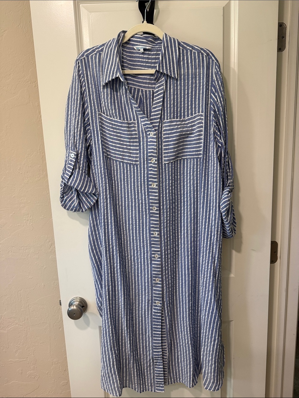 Blue Island Button Down Gauze Sear Sucker Dress.